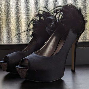 Enzo Angiolini Black High Heels Feather Peep Toe Satin Shoes 7M